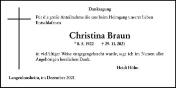 Traueranzeige von Christina Braun von vrm-trauer