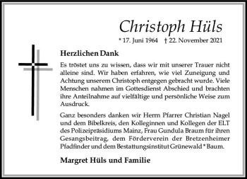 Traueranzeige von Christoph Hüls von vrm-trauer