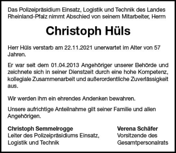Traueranzeige von Christoph Hüls von vrm-trauer
