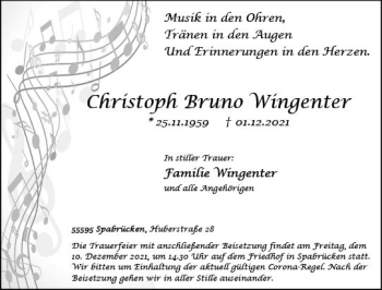 Traueranzeige von Christoph Bruno Wingenter von vrm-trauer