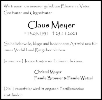 Traueranzeige von Claus Meyer von vrm-trauer