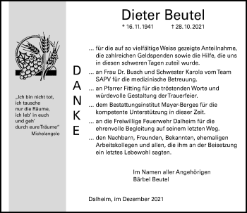 Traueranzeige von Dieter Beutel von vrm-trauer Traueranzeige von Dieter Beutel von vrm-trauer