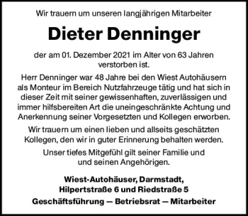 Traueranzeige von Dieter Denninger von vrm-trauer