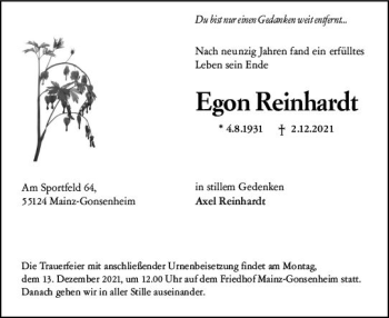 Traueranzeige von Egon Reinhardt von vrm-trauer