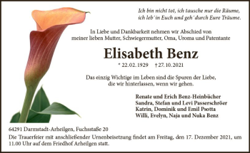 Traueranzeige von Elisabeth Benz von vrm-trauer