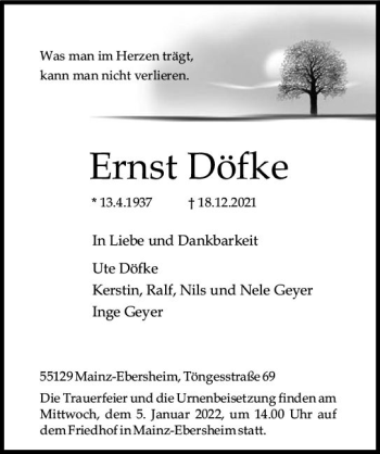 Traueranzeige von Ernst Döfke von vrm-trauer