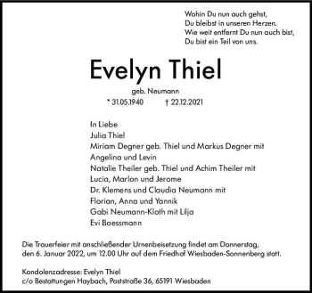 Traueranzeige von Evelyn Thiel von vrm-trauer