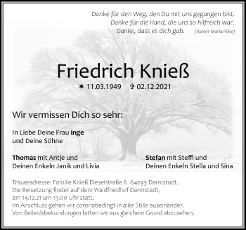 Traueranzeige von Friedrich Knieß 