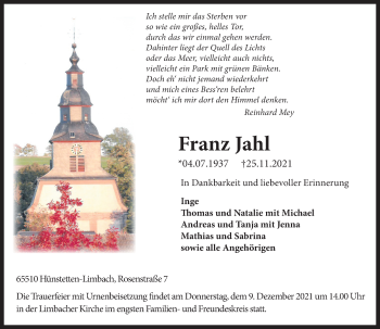Traueranzeige von Franz Jahl von vrm-trauer