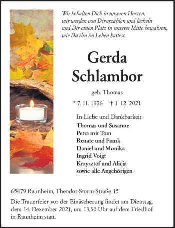 Traueranzeige von Gerda Schlambor von vrm-trauer