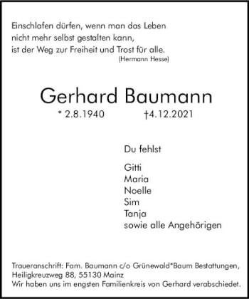 Traueranzeige von Gerhard Baumann von vrm-trauer