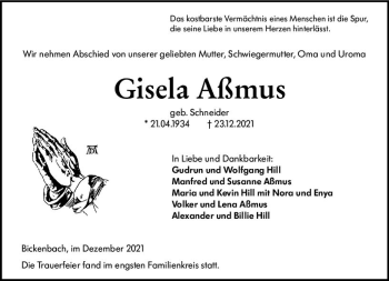 Traueranzeige von Gisela Aßmus von vrm-trauer