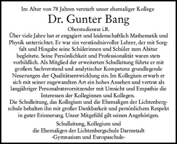 Traueranzeige von Gunter Bang von vrm-trauer