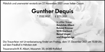 Traueranzeige von Gunther Dequis von vrm-trauer