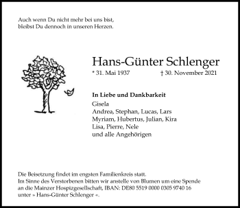Traueranzeige von Hans-Günter Schlenger von vrm-trauer