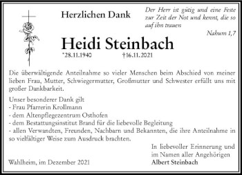 Traueranzeige von Heidi Steinbach von vrm-trauer