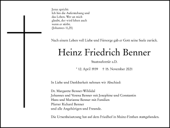 Traueranzeige von Heinz Friedrich Benner von vrm-trauer