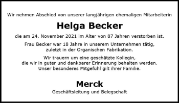 Traueranzeige von Helga Becker von vrm-trauer