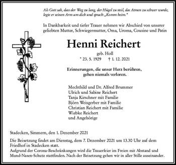Traueranzeige von Henni Reichert von vrm-trauer
