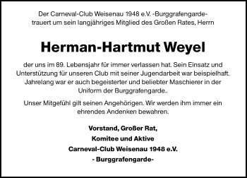 Traueranzeige von Herman-Hartmut Weyel von vrm-trauer