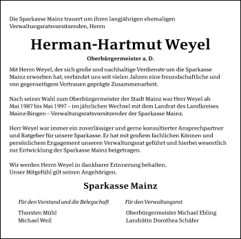 Traueranzeige von Herman-Hartmut Weyel von vrm-trauer