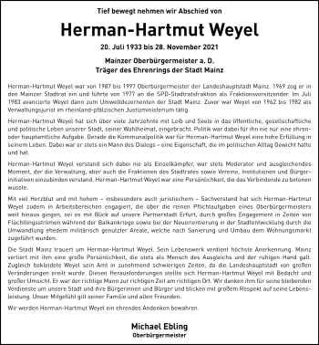 Traueranzeige von Herman-Hartmut Weyel von vrm-trauer