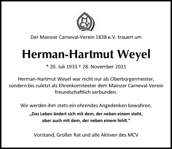 Traueranzeige von Herman-Hartmut Weyel von vrm-trauer