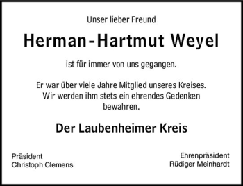 Traueranzeige von Herman-Hartmut Weyel von vrm-trauer