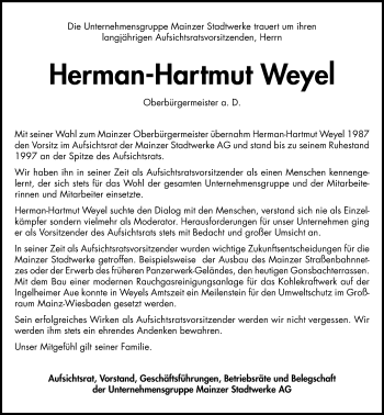 Traueranzeige von Herman-Hartmut Weyel von vrm-trauer