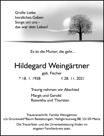 Traueranzeige von Hildegard Weingärtner von vrm-trauer