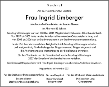 Traueranzeige von Ingrid Limberger von vrm-trauer