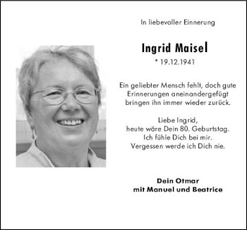 Traueranzeige von Ingrid Maisel von vrm-trauer