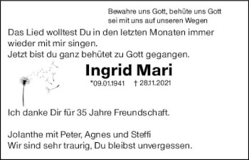 Traueranzeige von Ingrid Mari von vrm-trauer