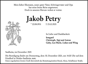 Traueranzeige von Jakob Petry von vrm-trauer