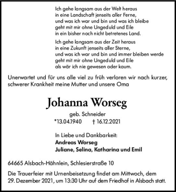 Traueranzeige von Johanna Worseg von vrm-trauer