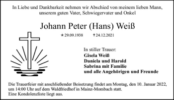 Traueranzeige von Johann Peter Weiß von vrm-trauer