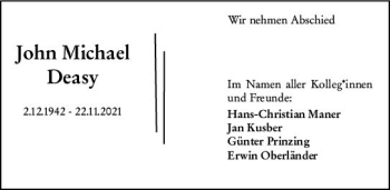 Traueranzeige von John Michael Deasy von vrm-trauer
