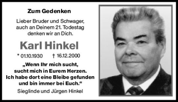 Traueranzeige von Karl Hinkel von vrm-trauer