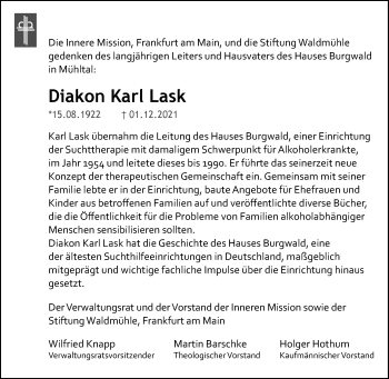 Traueranzeige von Karl Lask von vrm-trauer