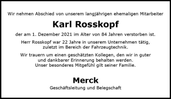 Traueranzeige von Karl Rosskopf von vrm-trauer