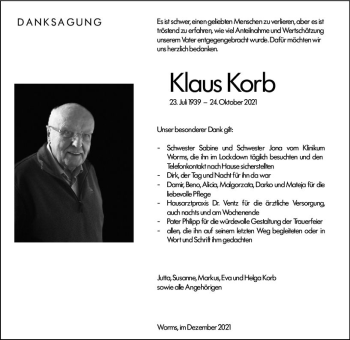 Traueranzeige von Klaus Korb von vrm-trauer