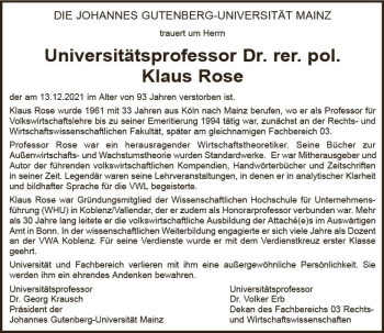 Traueranzeige von Klaus Rose von vrm-trauer