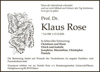 Traueranzeige von Klaus Rose von vrm-trauer