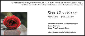 Traueranzeige von Klaus Dieter Bauer von vrm-trauer