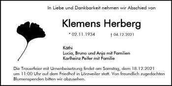 Traueranzeige von Klemens Herberg von vrm-trauer