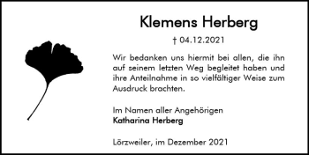 Traueranzeige von Klemens Herberg von vrm-trauer