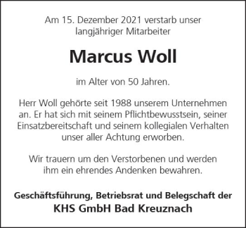 Traueranzeige von Marcus Woll von vrm-trauer