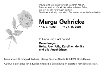 Traueranzeige von Marga Gehricke von vrm-trauer