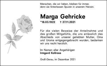 Traueranzeige von Marga Gehricke von vrm-trauer