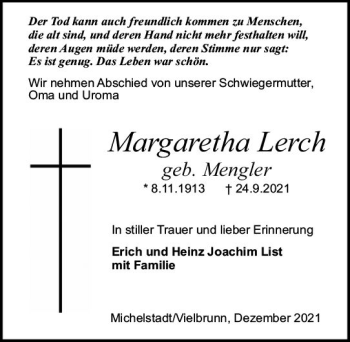 Traueranzeige von Margaretha Lerch von vrm-trauer